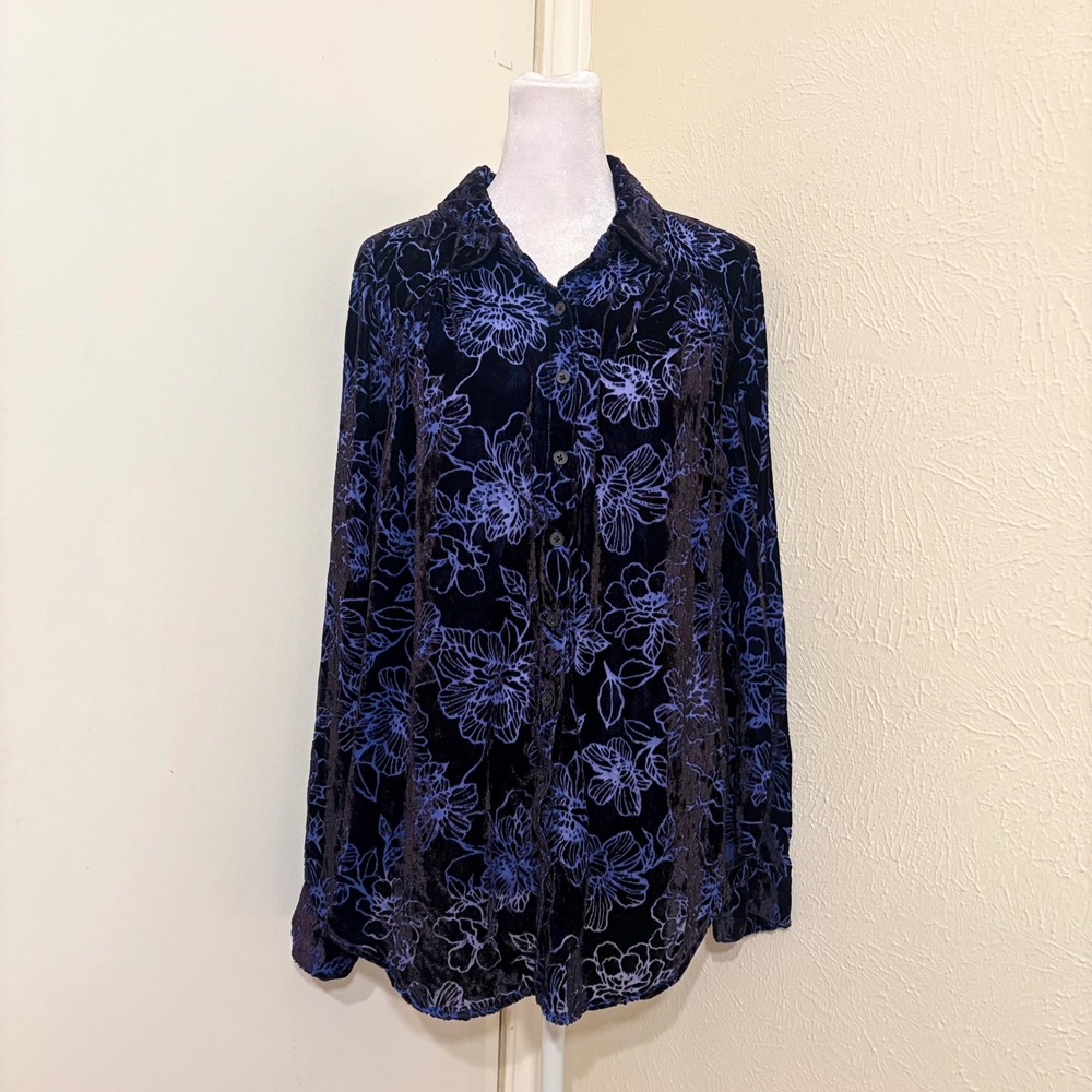 Blue Black Floral Velvet Burnout Button Down Shirt Sheer Blouse Whimsigoth 1X